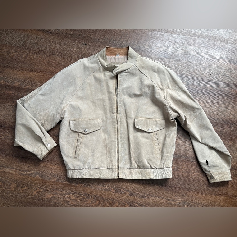 SADDLERY men’s vintage 80s suede leather bomber jacket beige retro Korea sz XL